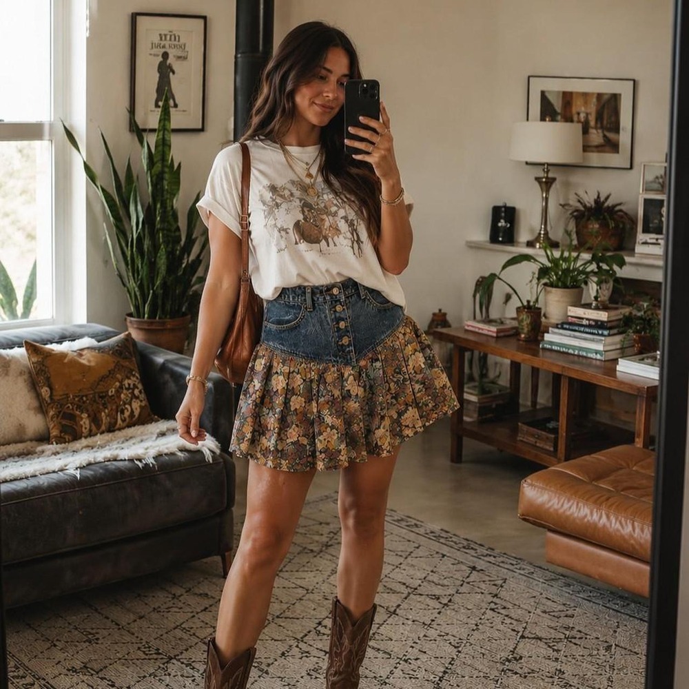 Vintage Zena Acid Wash Denim Tapestry Floral Ruffle Skirt Cottagecore USA Made